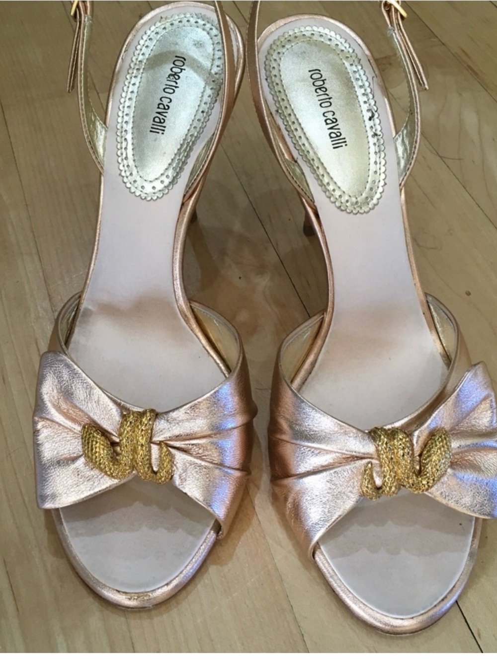 Roberto Cavalli Rose Gold and Gold Knot Bow Heels